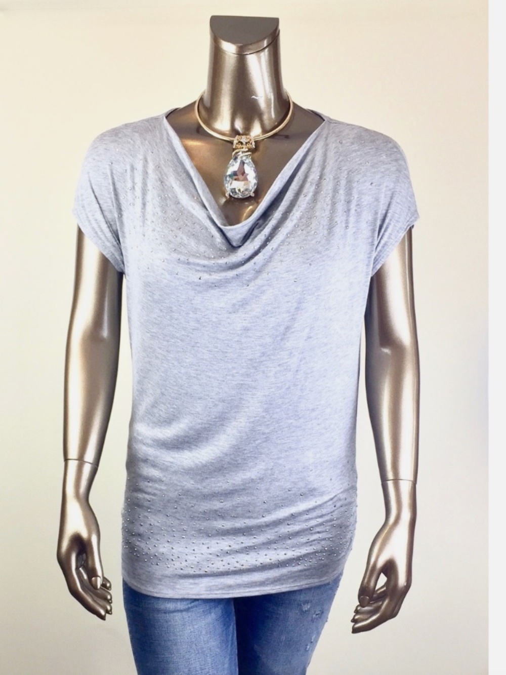 *NEW CHICO'S $74 GRAY STUDDED DOLMAN-SLV RUCHED SIDE TOP SIZE 1 ( M )